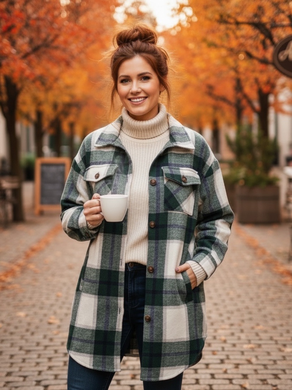 ComfyLuxe Green and Cream Plaid Shacket - Casual Button-Up Jacket